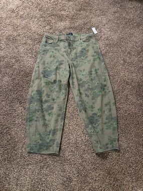 Olive Green Floral-Print Barrel Leg Jeans